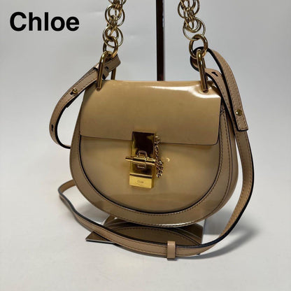 Chloe Hand Shoulder Bag Tote Purse 2way Drew Patent Leather Beige Authentic