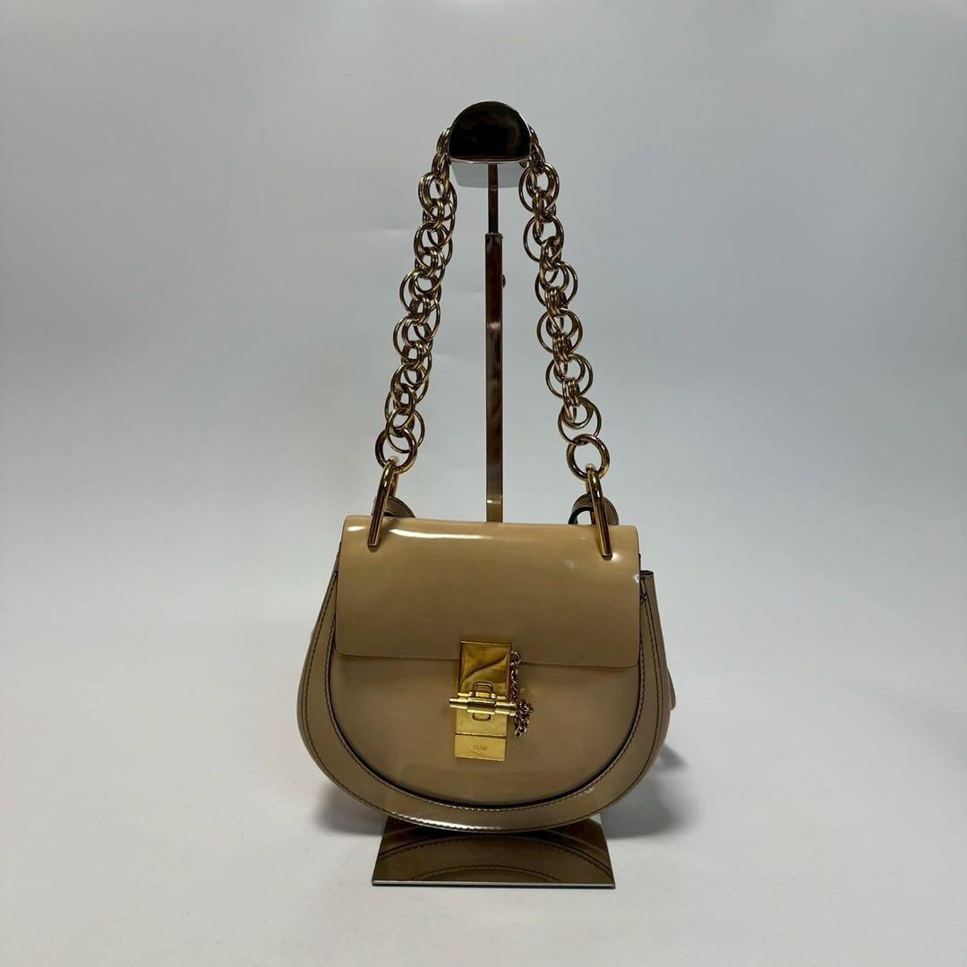 Chloe Hand Shoulder Bag Tote Purse 2way Drew Patent Leather Beige Authentic