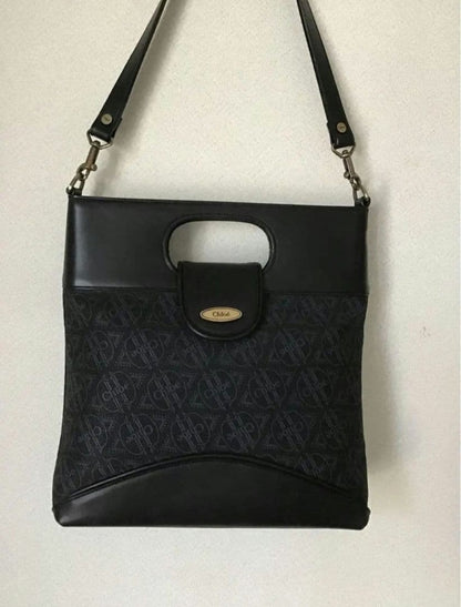 Chloe Shoulder Bag Purse Logo Canvas Cotton Black Authentic
