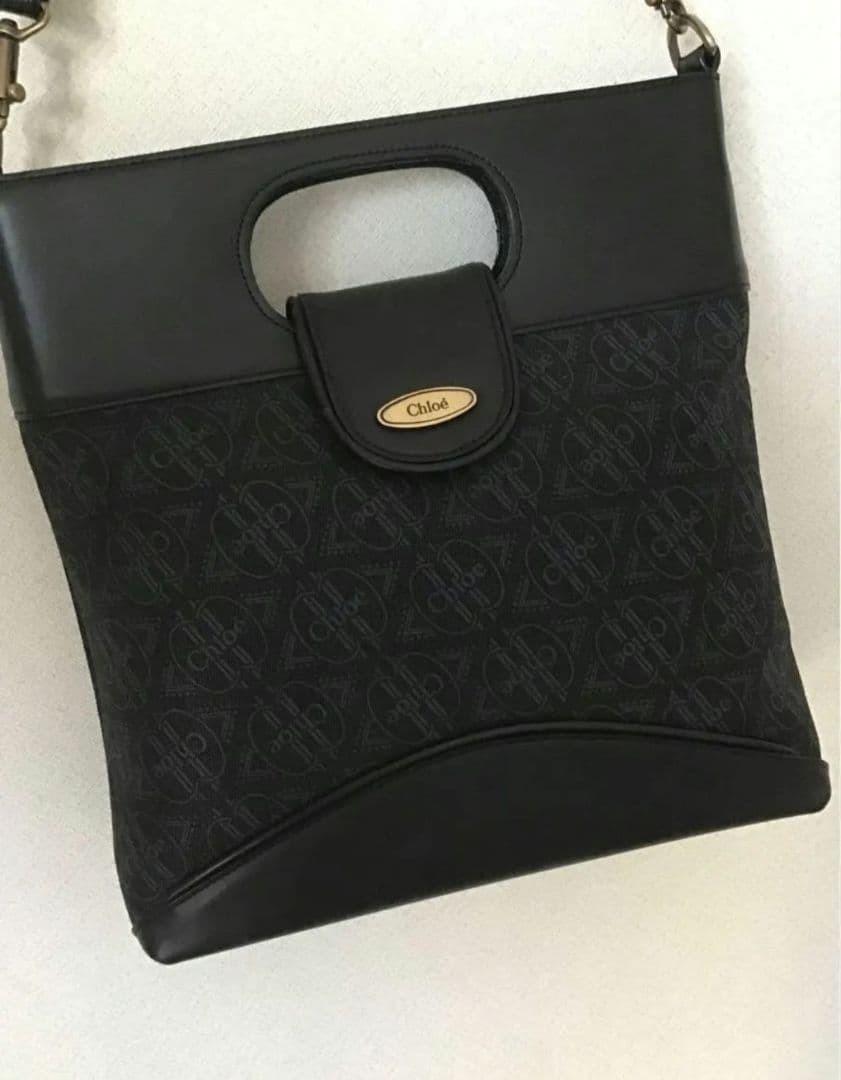 Chloe Shoulder Bag Purse Logo Canvas Cotton Black Authentic