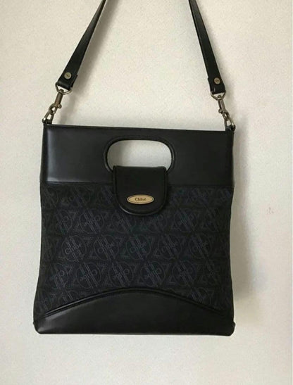 Chloe Shoulder Bag Purse Logo Canvas Cotton Black Authentic