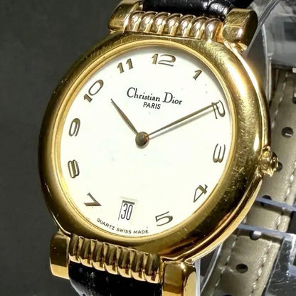 Christian Dior Quartz Watch Wristwatch Logo Gold White Women's Authentic