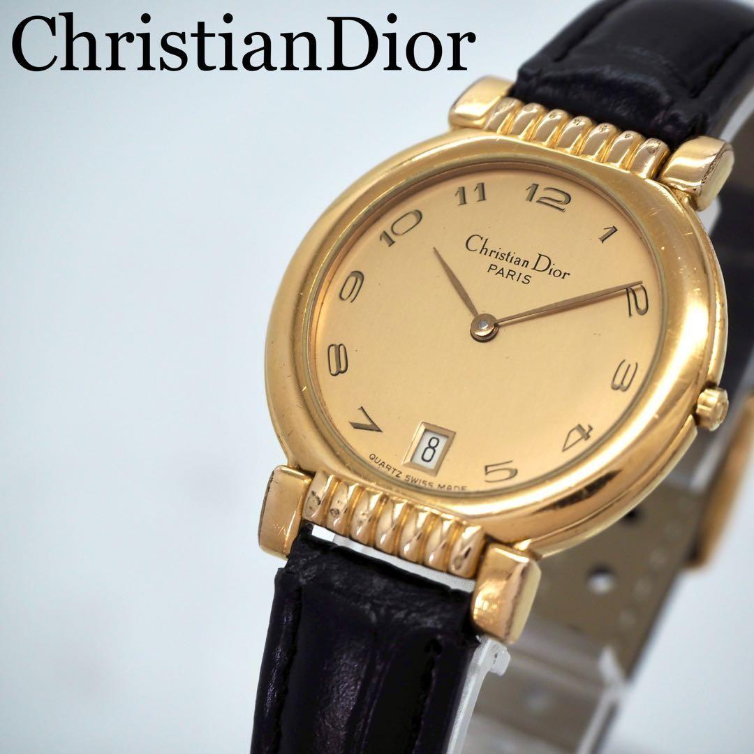 Christian Dior Quartz Watch Wristwatch Logo Black Gold Women's Authentic