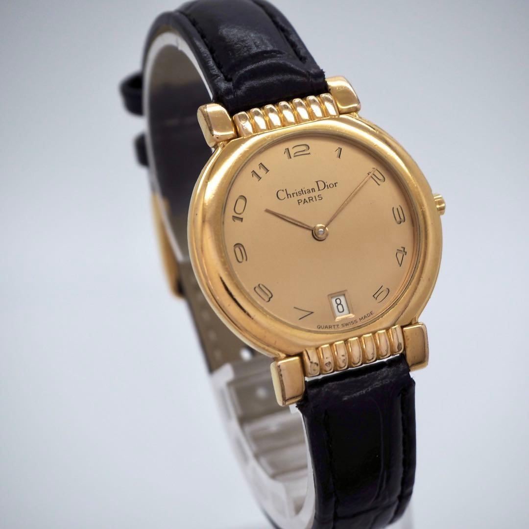 Christian Dior Quartz Watch Wristwatch Logo Black Gold Women's Authentic