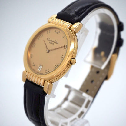 Christian Dior Quartz Watch Wristwatch Logo Black Gold Women's Authentic