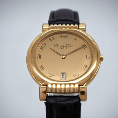 Christian Dior Quartz Watch Wristwatch Logo Black Gold Women's Authentic