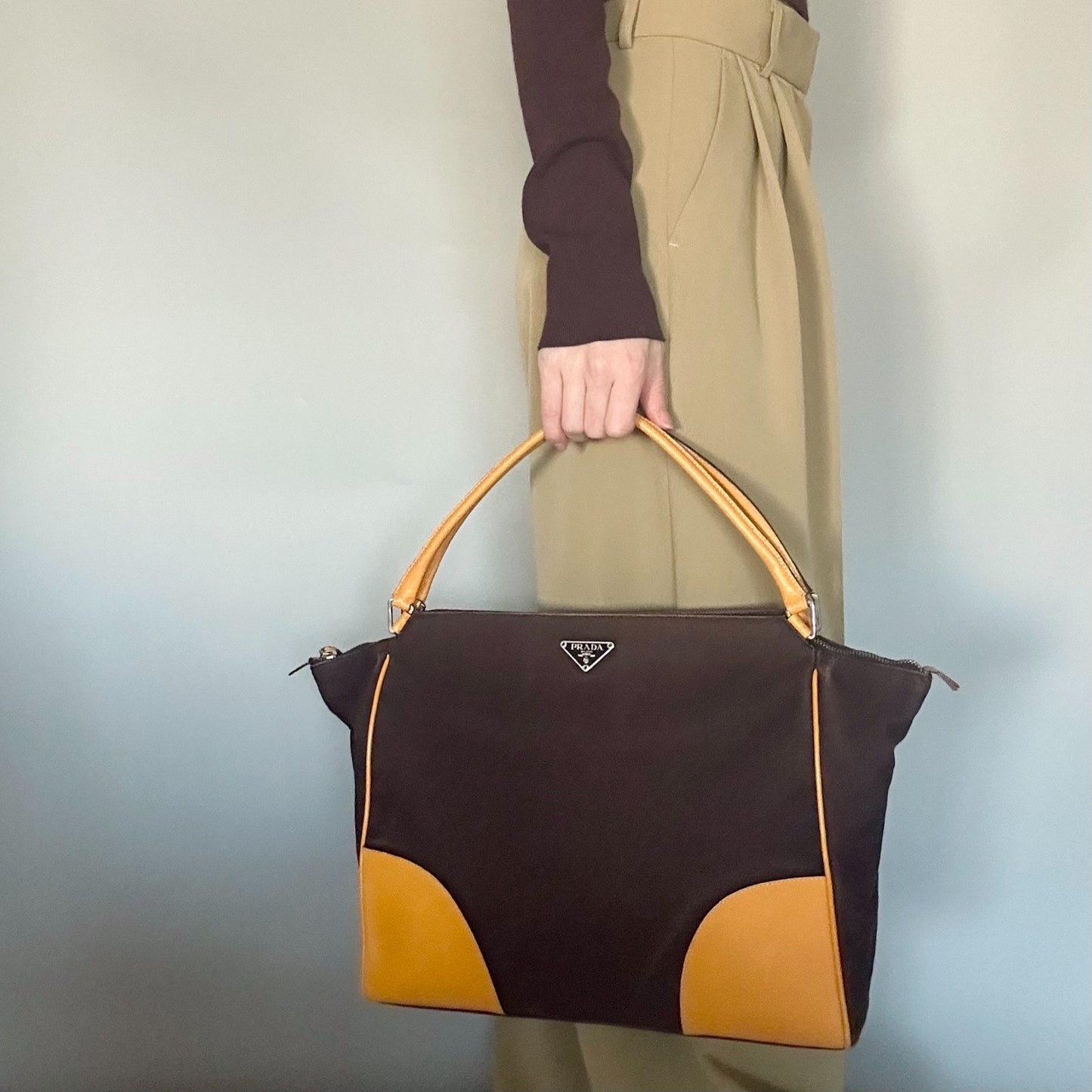 PRADA Hand Bag Tote Bag Logo Canvas Leather Yellow Unisex Authentic Used