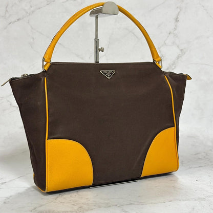 PRADA Hand Bag Tote Bag Logo Canvas Leather Yellow Unisex Authentic Used