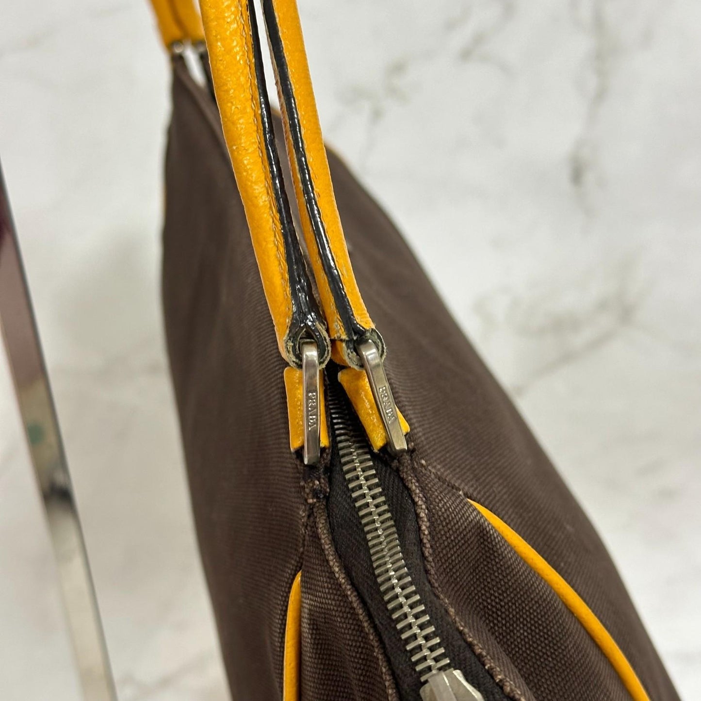 PRADA Hand Bag Tote Bag Logo Canvas Leather Yellow Unisex Authentic Used