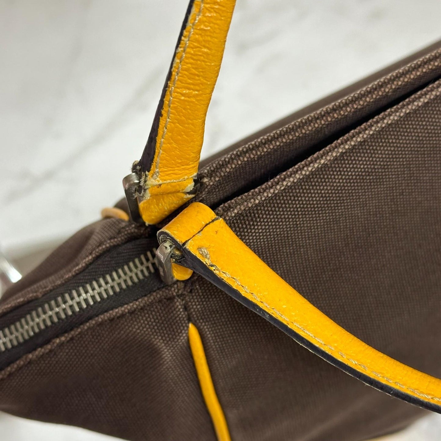 PRADA Hand Bag Tote Bag Logo Canvas Leather Yellow Unisex Authentic Used