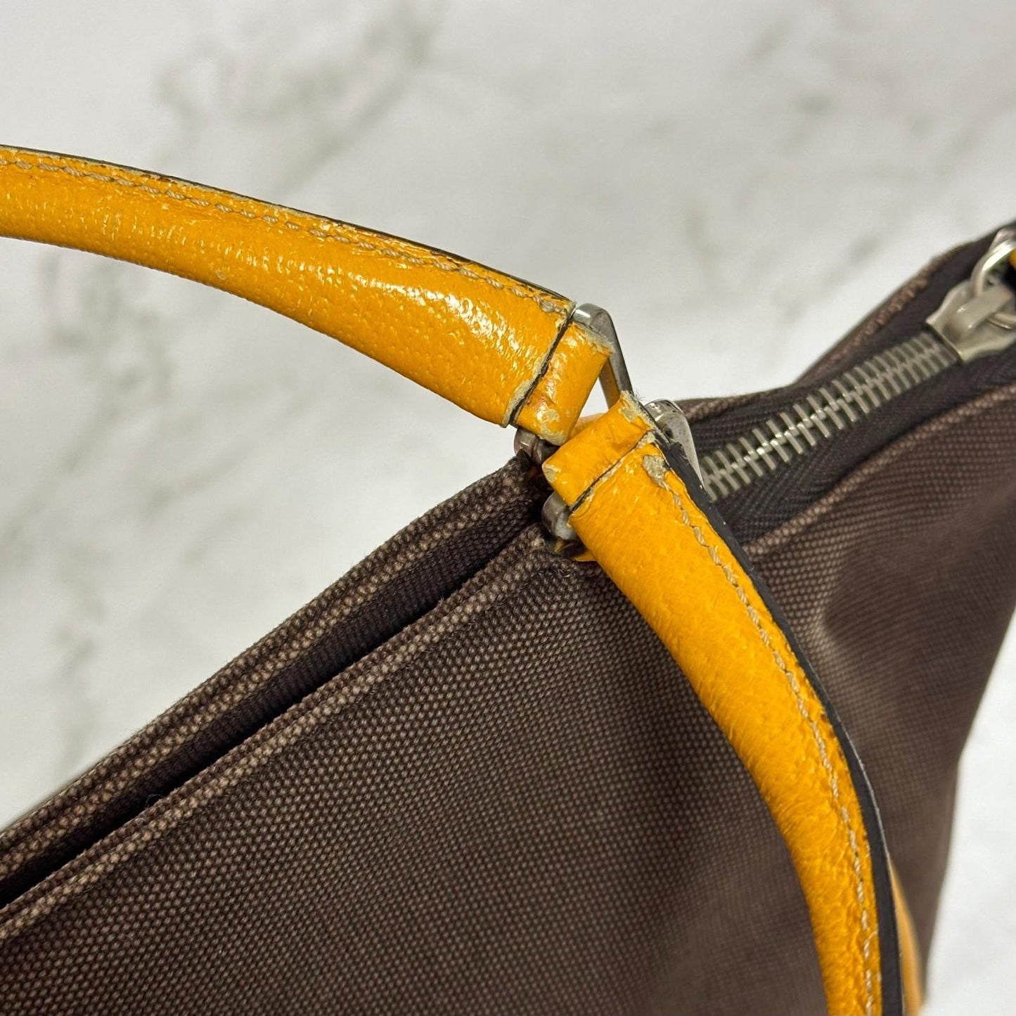 PRADA Hand Bag Tote Bag Logo Canvas Leather Yellow Unisex Authentic Used