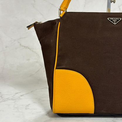 PRADA Hand Bag Tote Bag Logo Canvas Leather Yellow Unisex Authentic Used