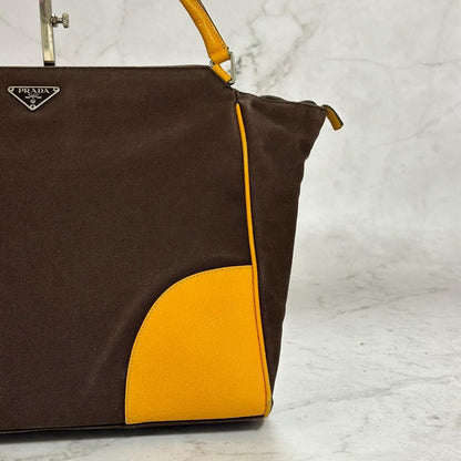 PRADA Hand Bag Tote Bag Logo Canvas Leather Yellow Unisex Authentic Used