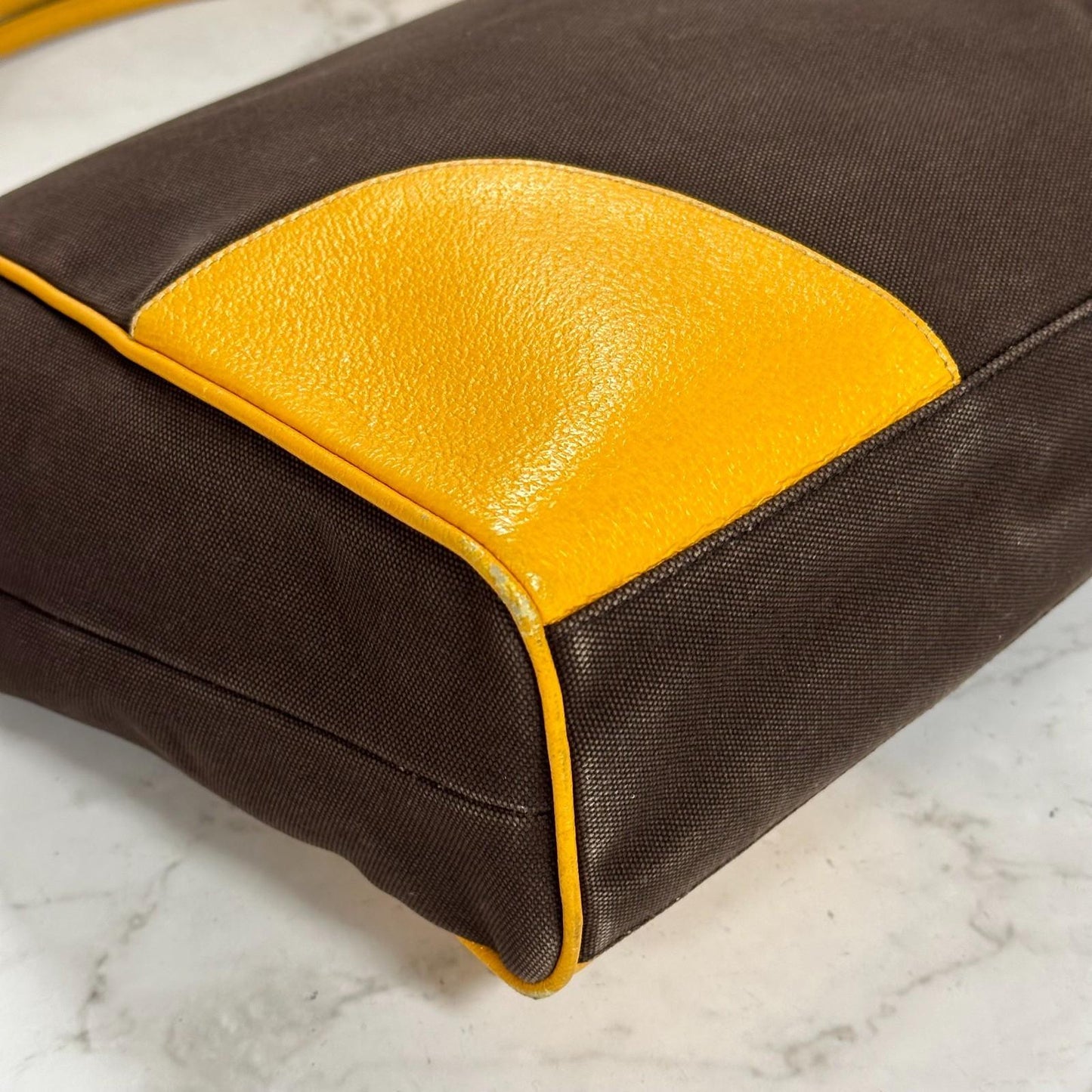 PRADA Hand Bag Tote Bag Logo Canvas Leather Yellow Unisex Authentic Used