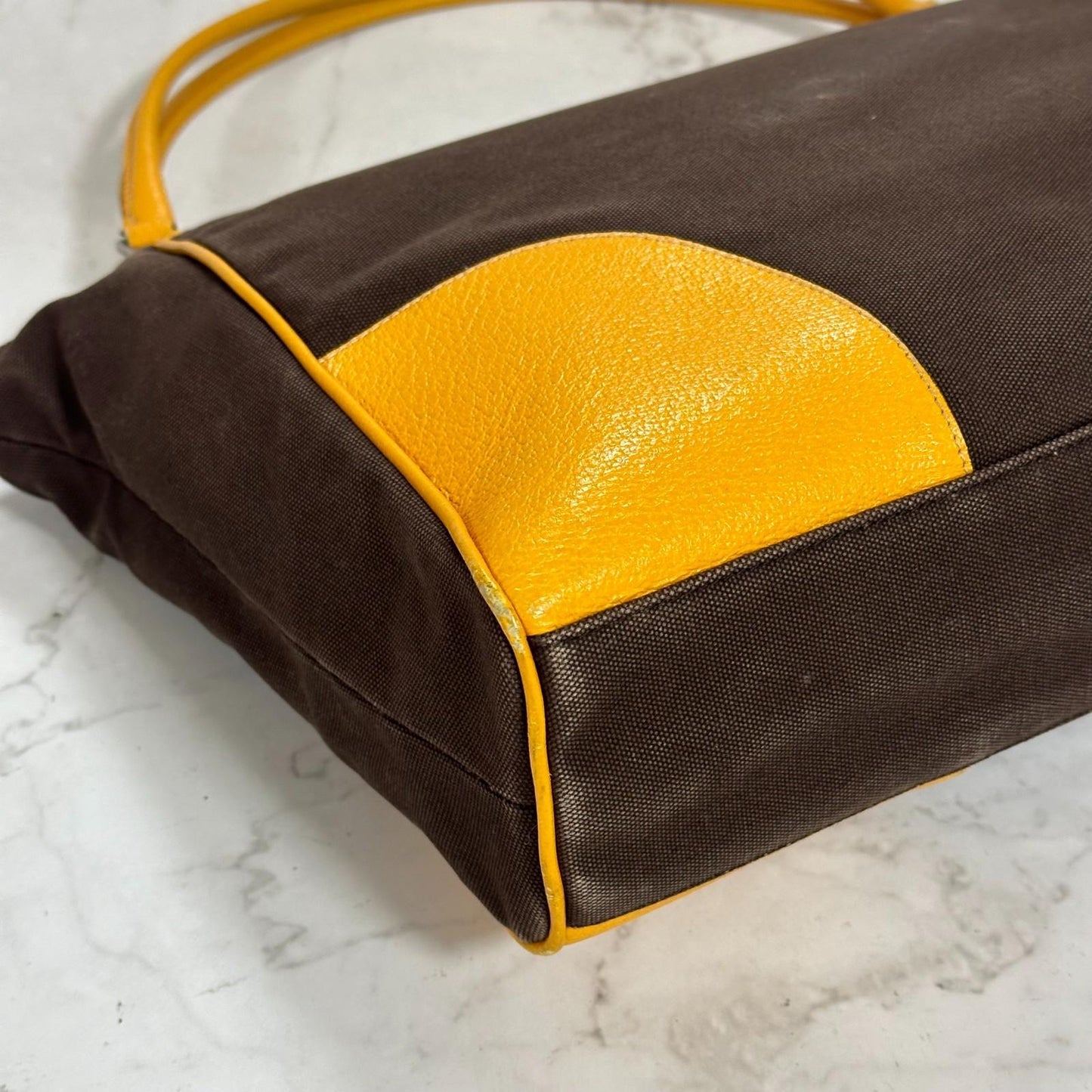 PRADA Hand Bag Tote Bag Logo Canvas Leather Yellow Unisex Authentic Used