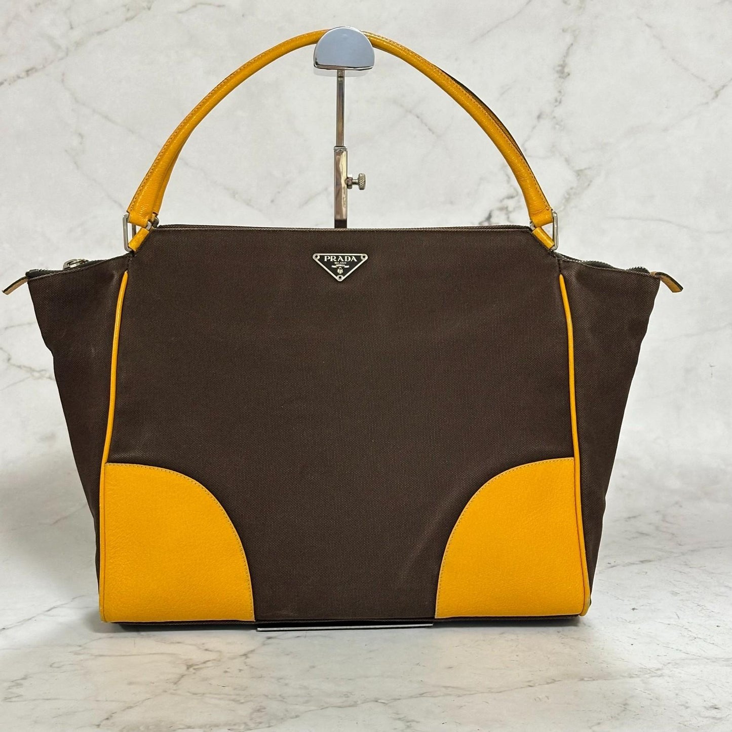 PRADA Hand Bag Tote Bag Logo Canvas Leather Yellow Unisex Authentic Used