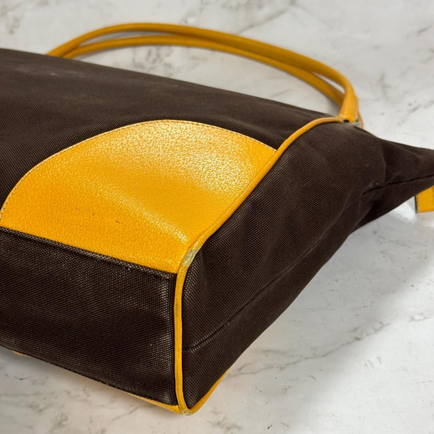 PRADA Hand Bag Tote Bag Logo Canvas Leather Yellow Unisex Authentic Used