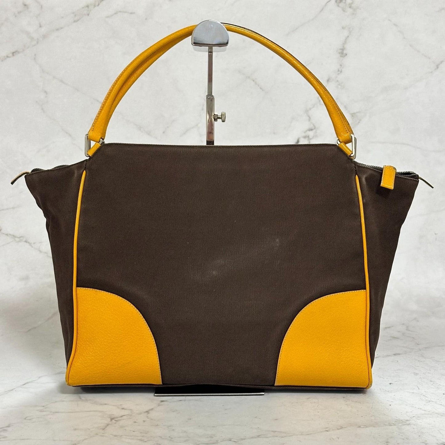 PRADA Hand Bag Tote Bag Logo Canvas Leather Yellow Unisex Authentic Used