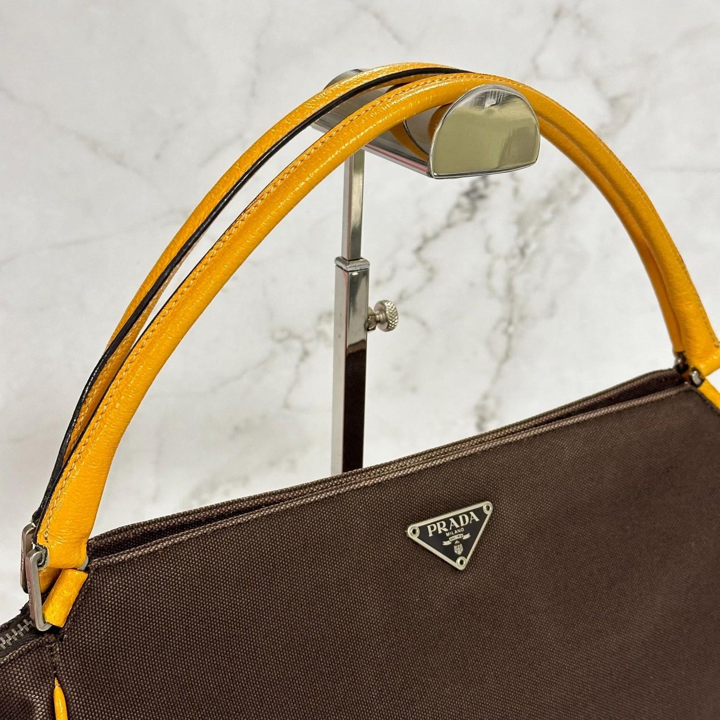 PRADA Hand Bag Tote Bag Logo Canvas Leather Yellow Unisex Authentic Used