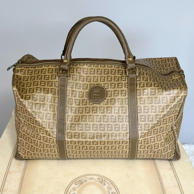 FENDI Boston Bag FF Zucchino Handbag Purse PVC Leather Beige Brown Used Auth