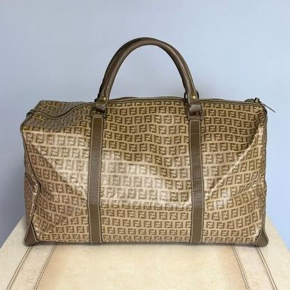 FENDI Boston Bag FF Zucchino Handbag Purse PVC Leather Beige Brown Used Auth