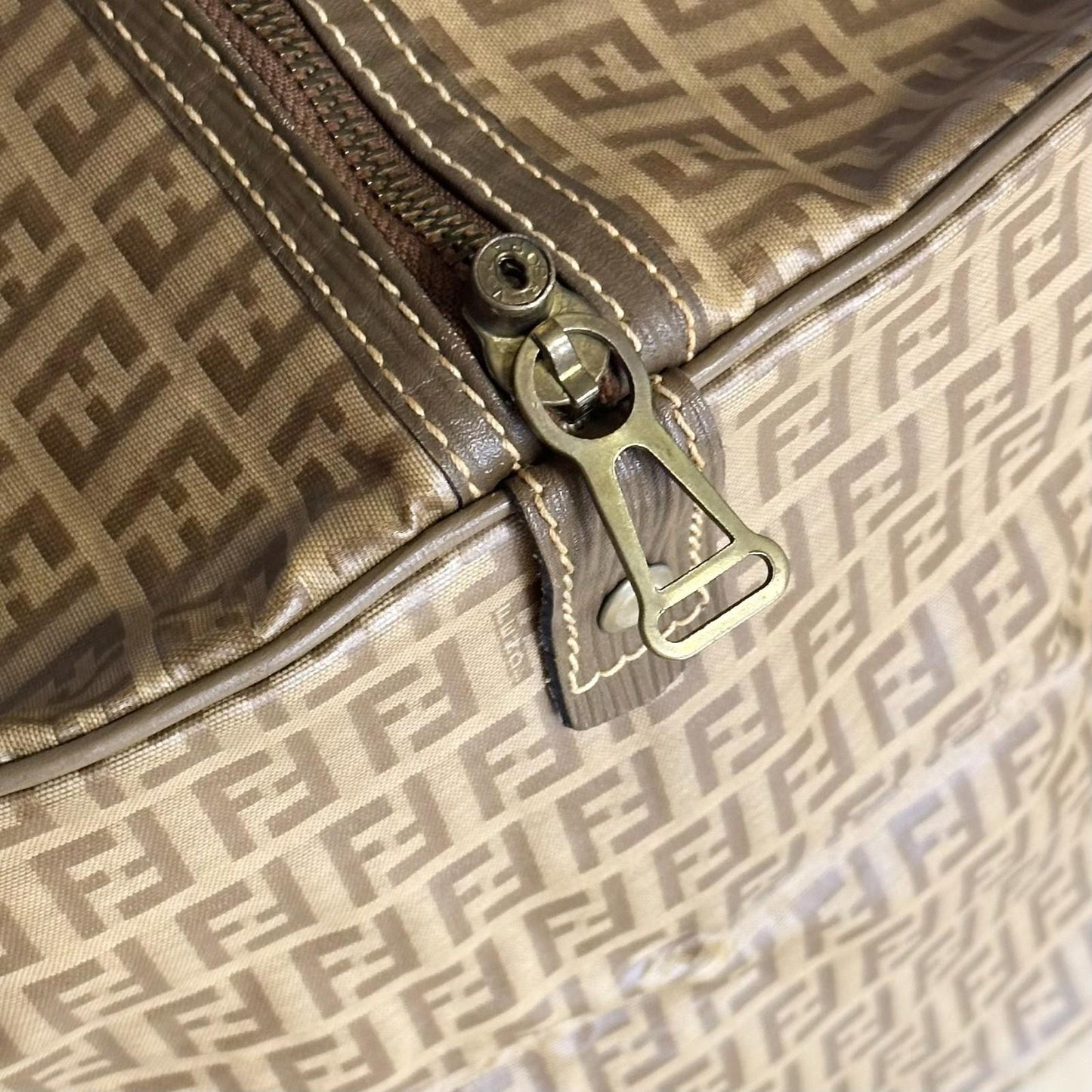 FENDI Boston Bag FF Zucchino Handbag Purse PVC Leather Beige Brown Used Auth