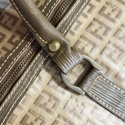 FENDI Boston Bag FF Zucchino Handbag Purse PVC Leather Beige Brown Used Auth