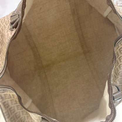 FENDI Boston Bag FF Zucchino Handbag Purse PVC Leather Beige Brown Used Auth