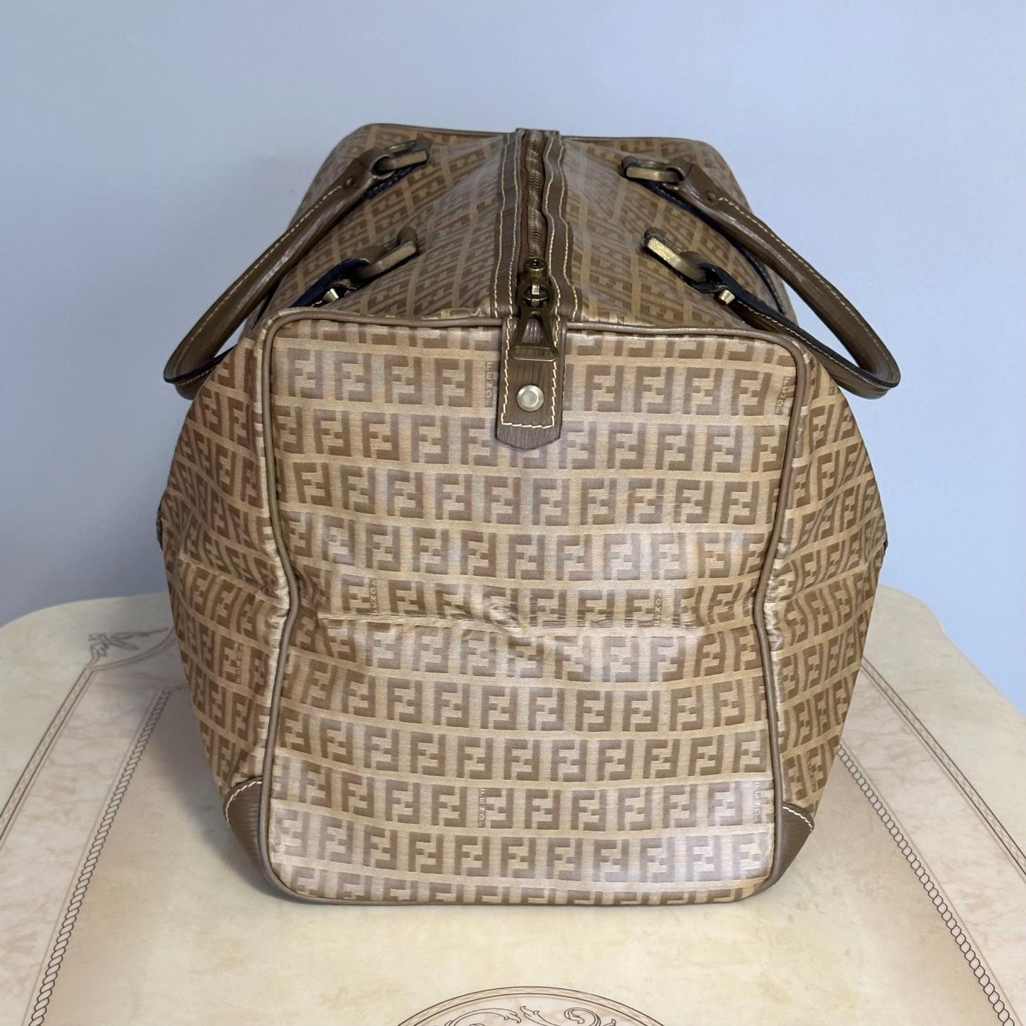 FENDI Boston Bag FF Zucchino Handbag Purse PVC Leather Beige Brown Used Auth