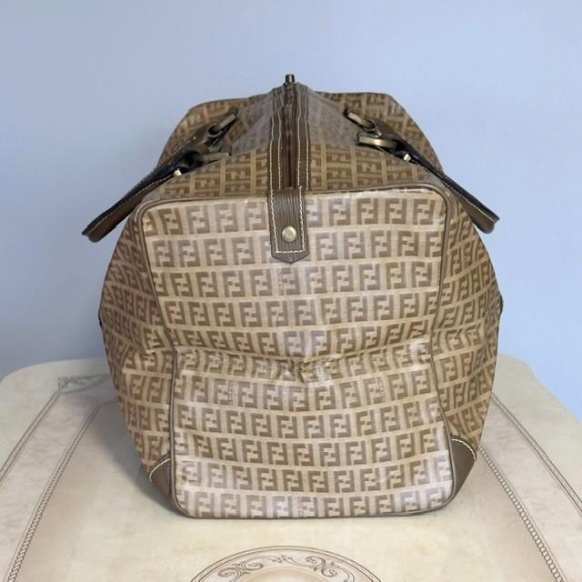 FENDI Boston Bag FF Zucchino Handbag Purse PVC Leather Beige Brown Used Auth