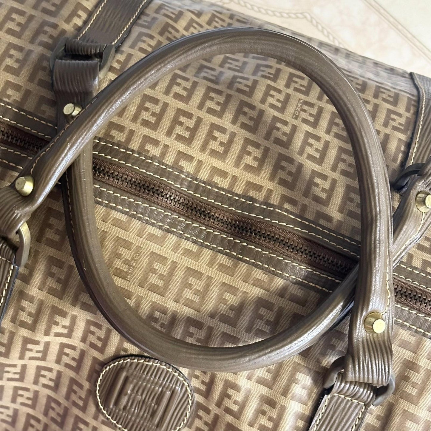 FENDI Boston Bag FF Zucchino Handbag Purse PVC Leather Beige Brown Used Auth