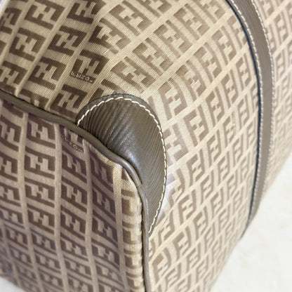 FENDI Boston Bag FF Zucchino Handbag Purse PVC Leather Beige Brown Used Auth