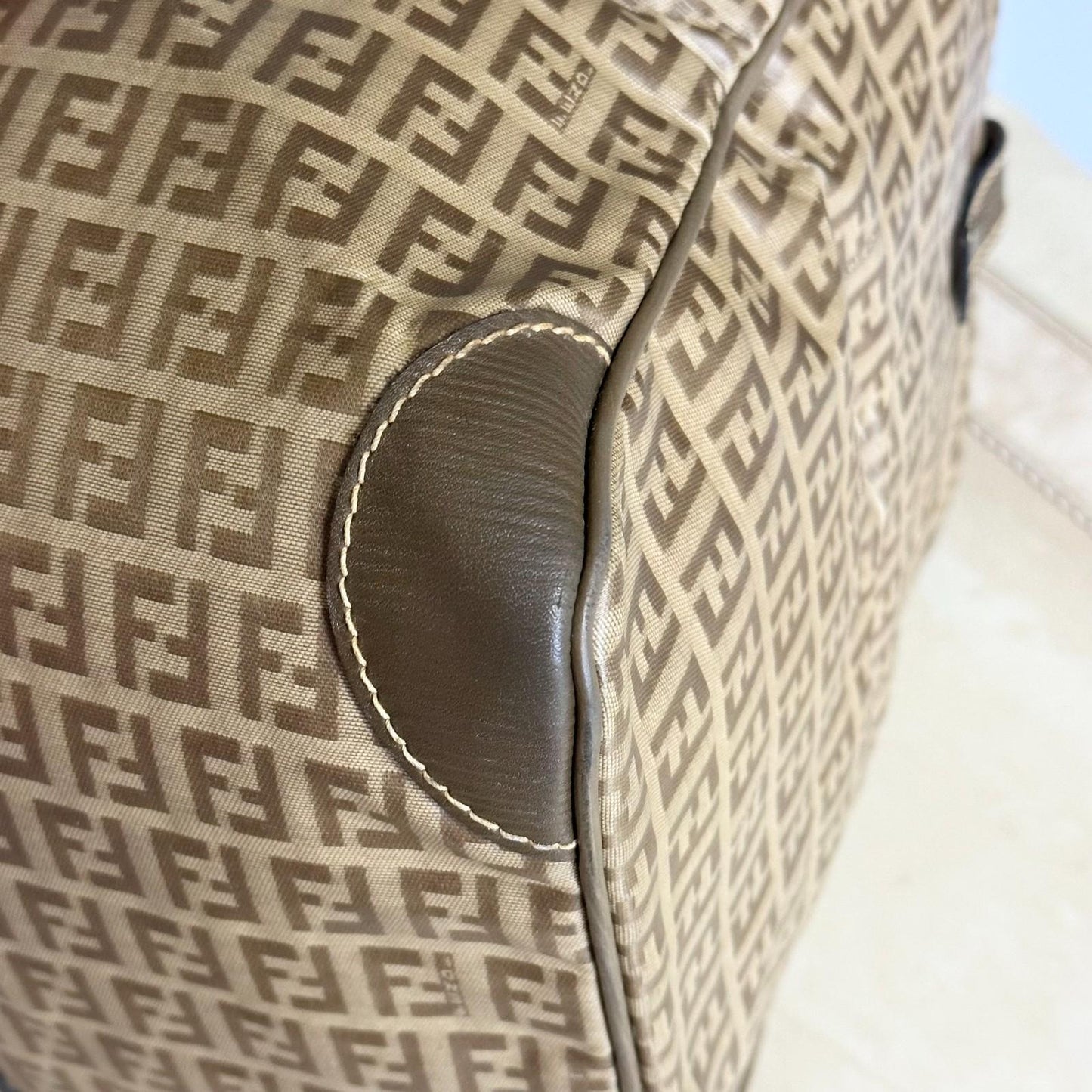 FENDI Boston Bag FF Zucchino Handbag Purse PVC Leather Beige Brown Used Auth