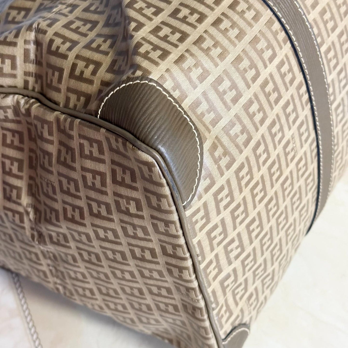 FENDI Boston Bag FF Zucchino Handbag Purse PVC Leather Beige Brown Used Auth