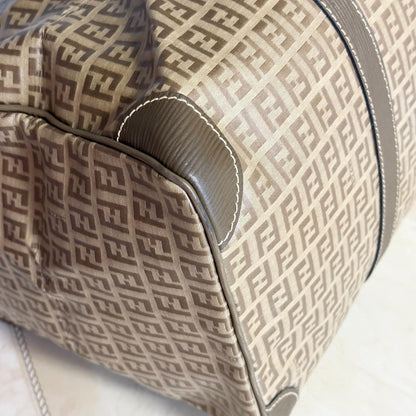 FENDI Boston Bag FF Zucchino Handbag Purse PVC Leather Beige Brown Used Auth
