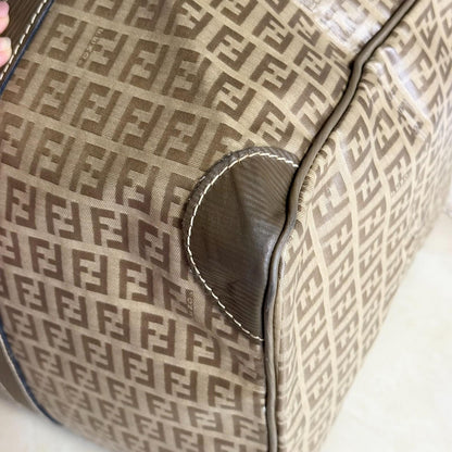 FENDI Boston Bag FF Zucchino Handbag Purse PVC Leather Beige Brown Used Auth