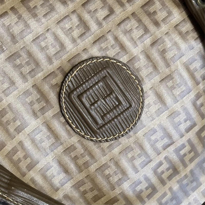 FENDI Boston Bag FF Zucchino Handbag Purse PVC Leather Beige Brown Used Auth