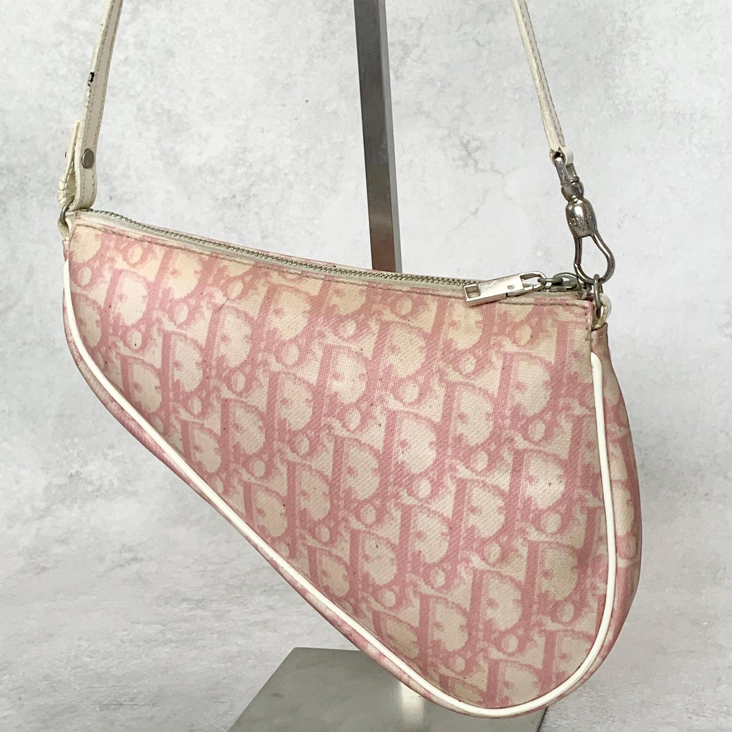 Christian Dior Saddle Bag Handbag Shoulder Trotter Pink White Pouch Purse PVC
