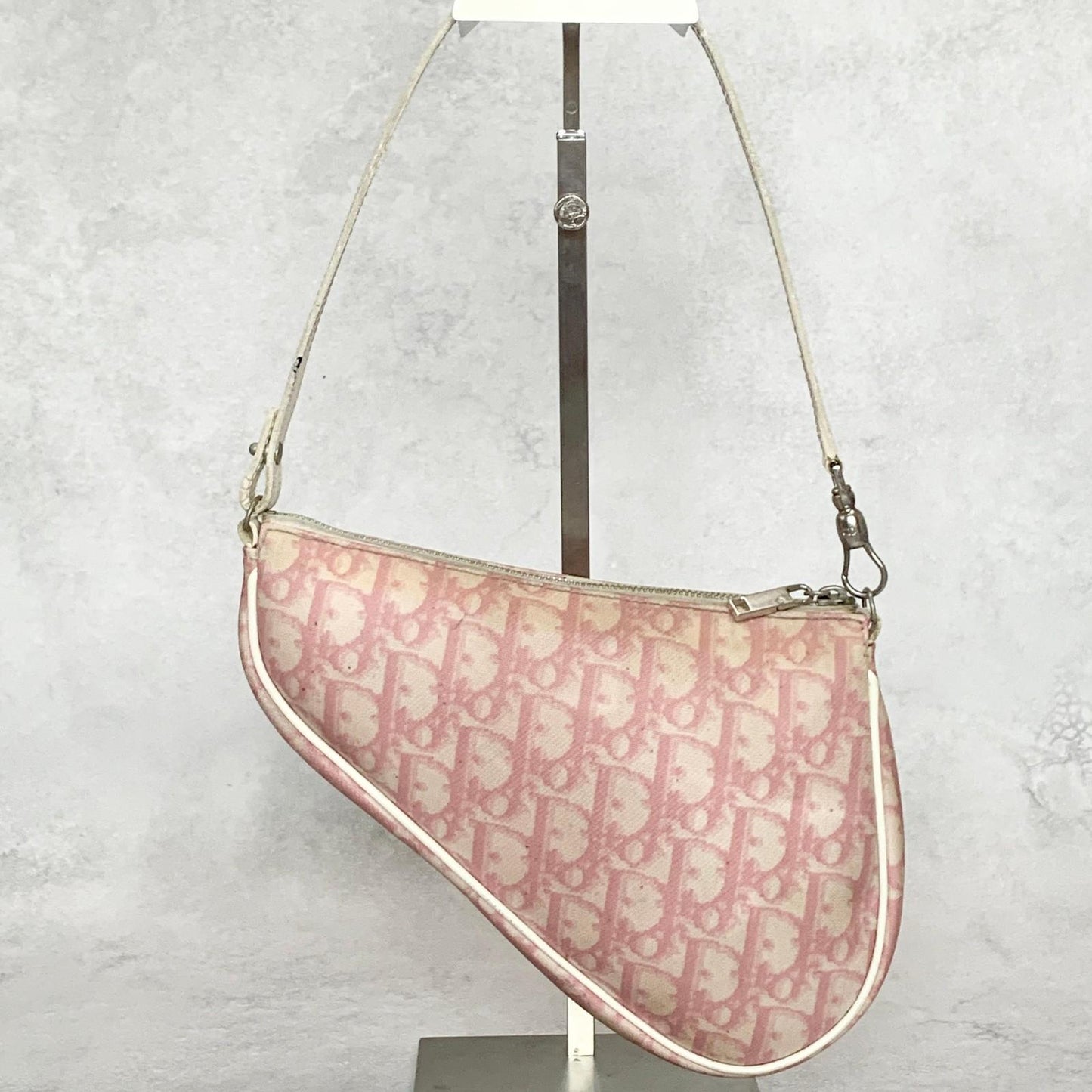 Christian Dior Saddle Bag Handbag Shoulder Trotter Pink White Pouch Purse PVC