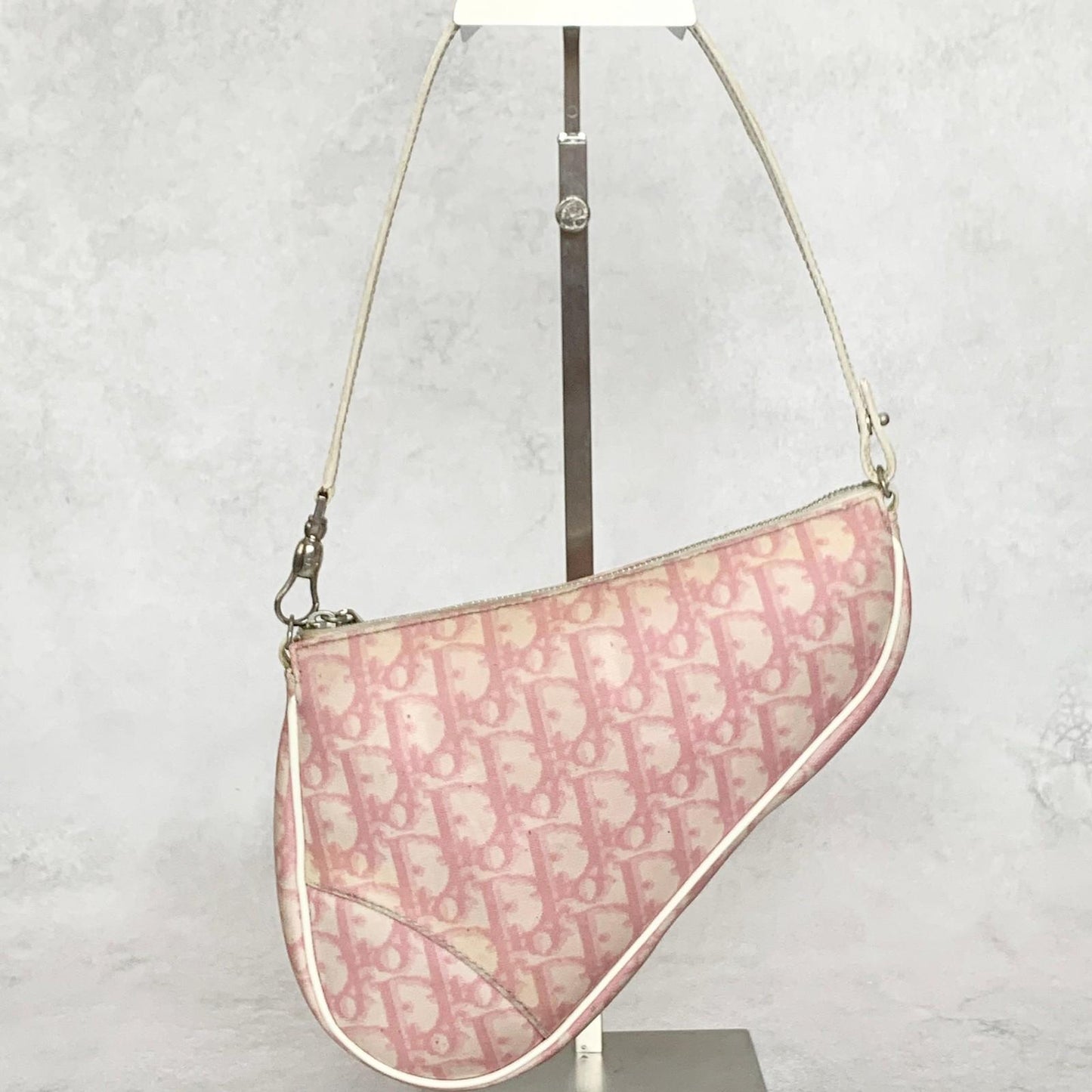 Christian Dior Saddle Bag Handbag Shoulder Trotter Pink White Pouch Purse PVC