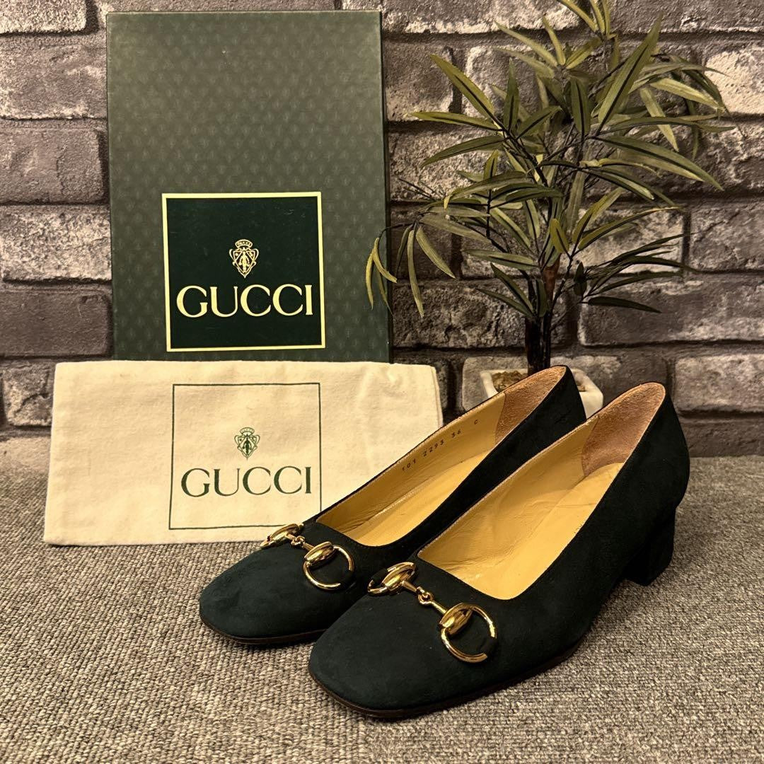 GUCCI Shoes Pumps Heel Horsebit EU 36 US 6 Suede Green Authentic