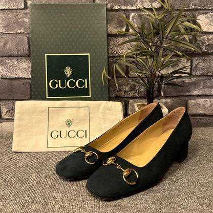 GUCCI Shoes Pumps Heel Horsebit EU 36 US 6 Suede Green Authentic