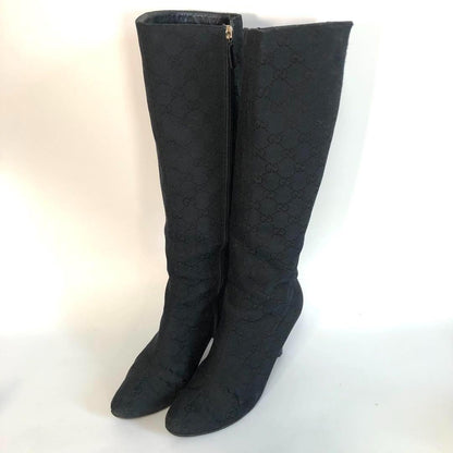GUCCI Long Boots Shoes GG Canvas EU 37 US 7 Black Authentic