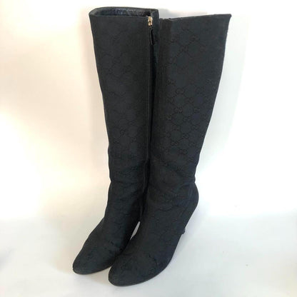 GUCCI Long Boots Shoes GG Canvas EU 37 US 7 Black Authentic