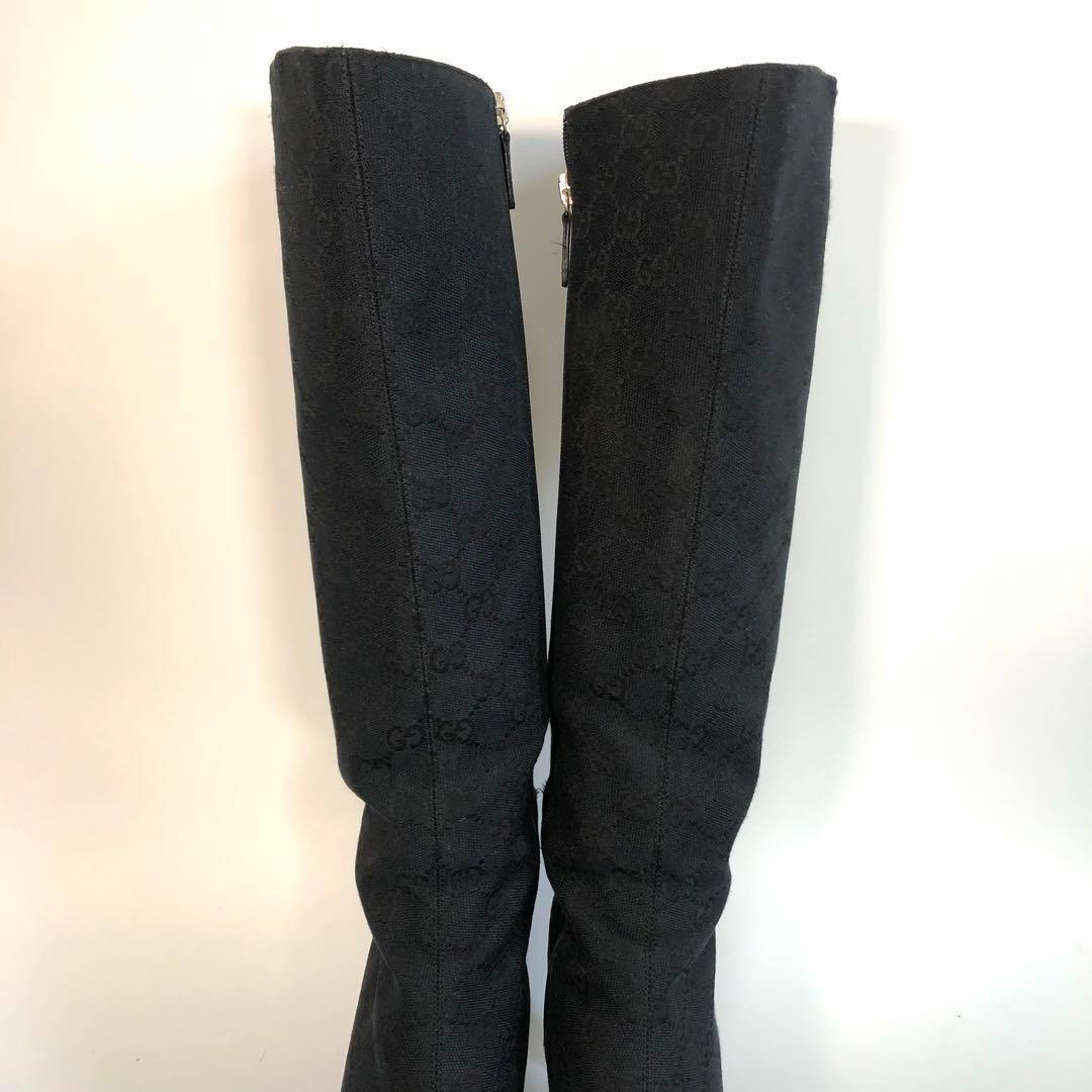 GUCCI Long Boots Shoes GG Canvas EU 37 US 7 Black Authentic