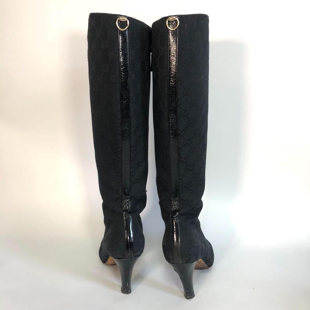 GUCCI Long Boots Shoes GG Canvas EU 37 US 7 Black Authentic
