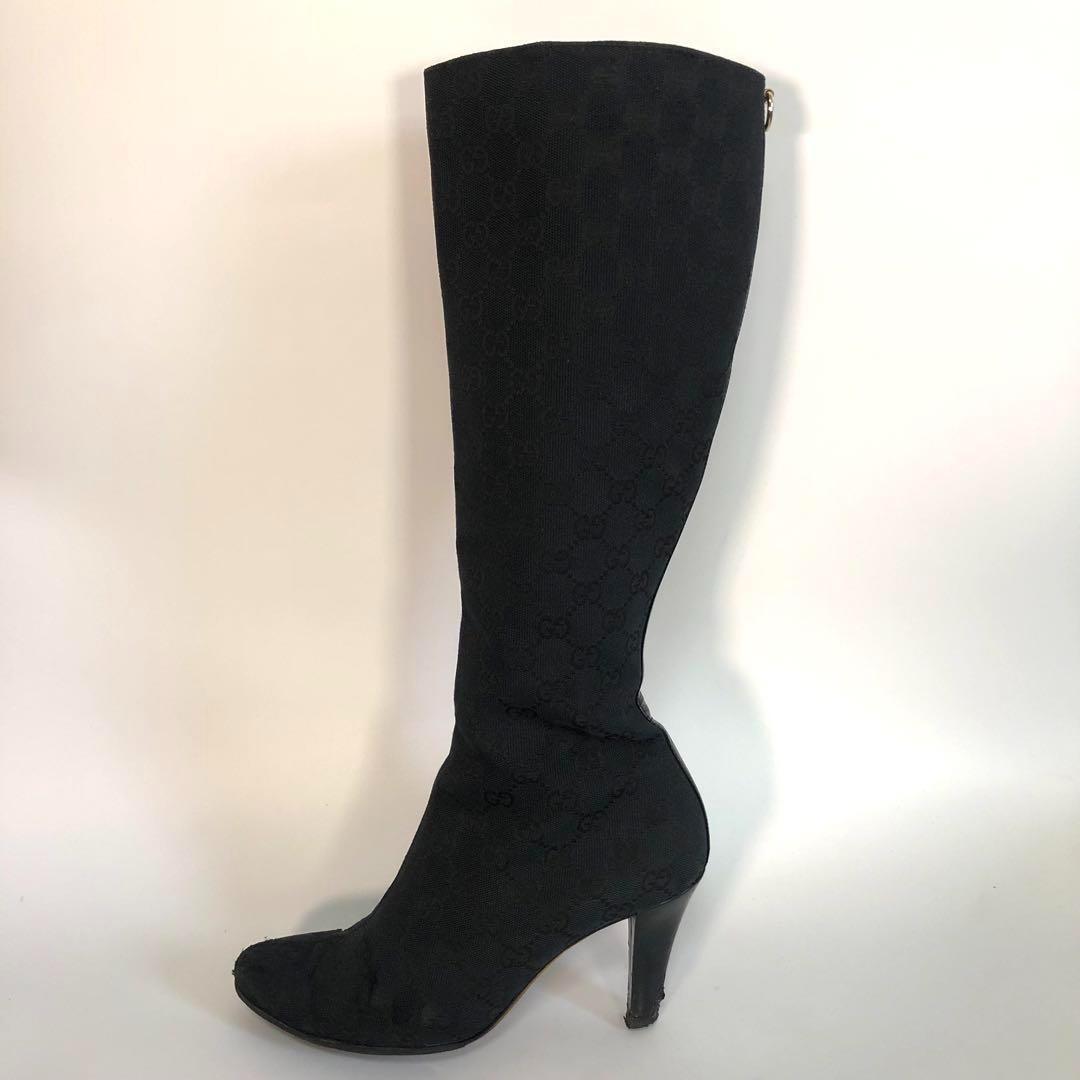 GUCCI Long Boots Shoes GG Canvas EU 37 US 7 Black Authentic