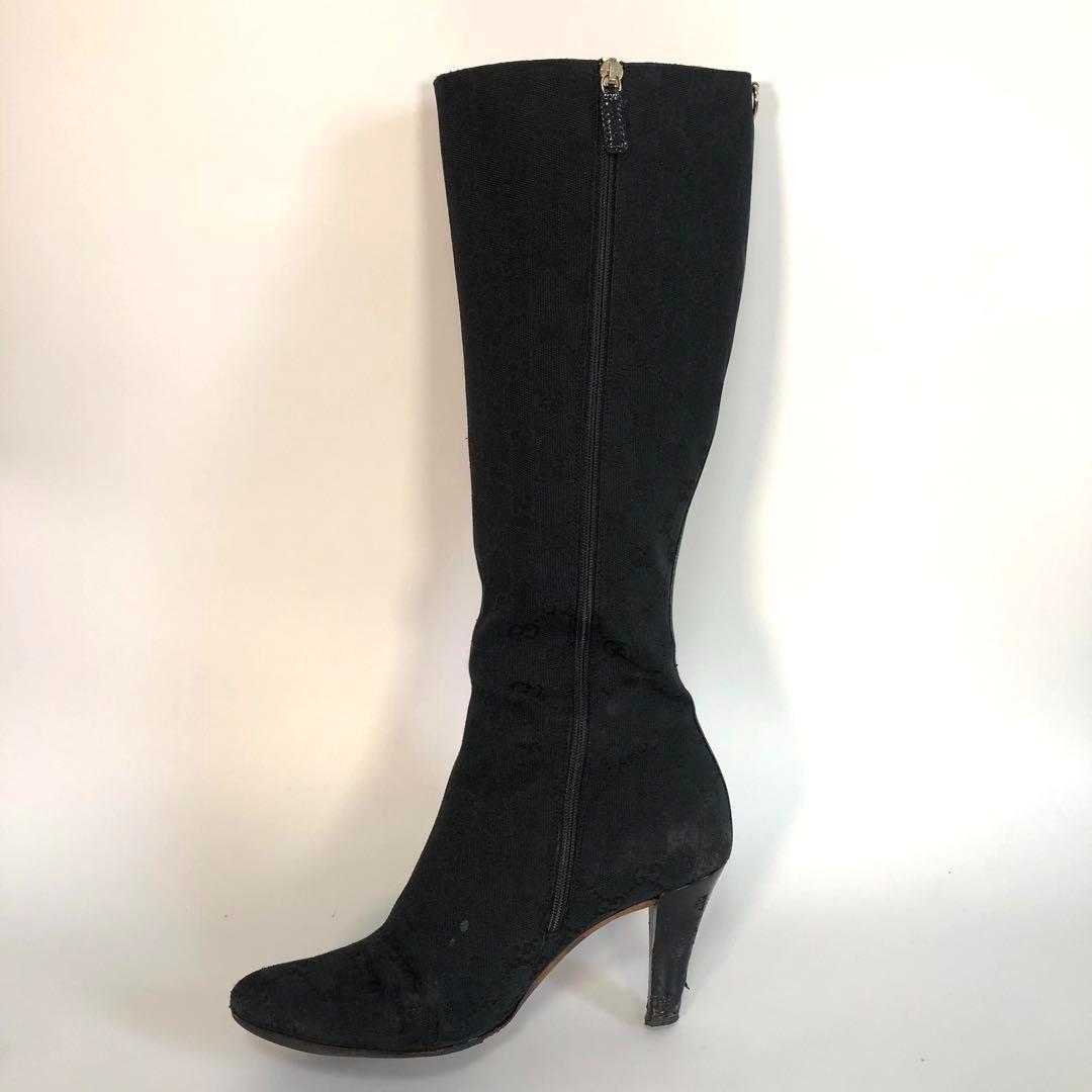 GUCCI Long Boots Shoes GG Canvas EU 37 US 7 Black Authentic