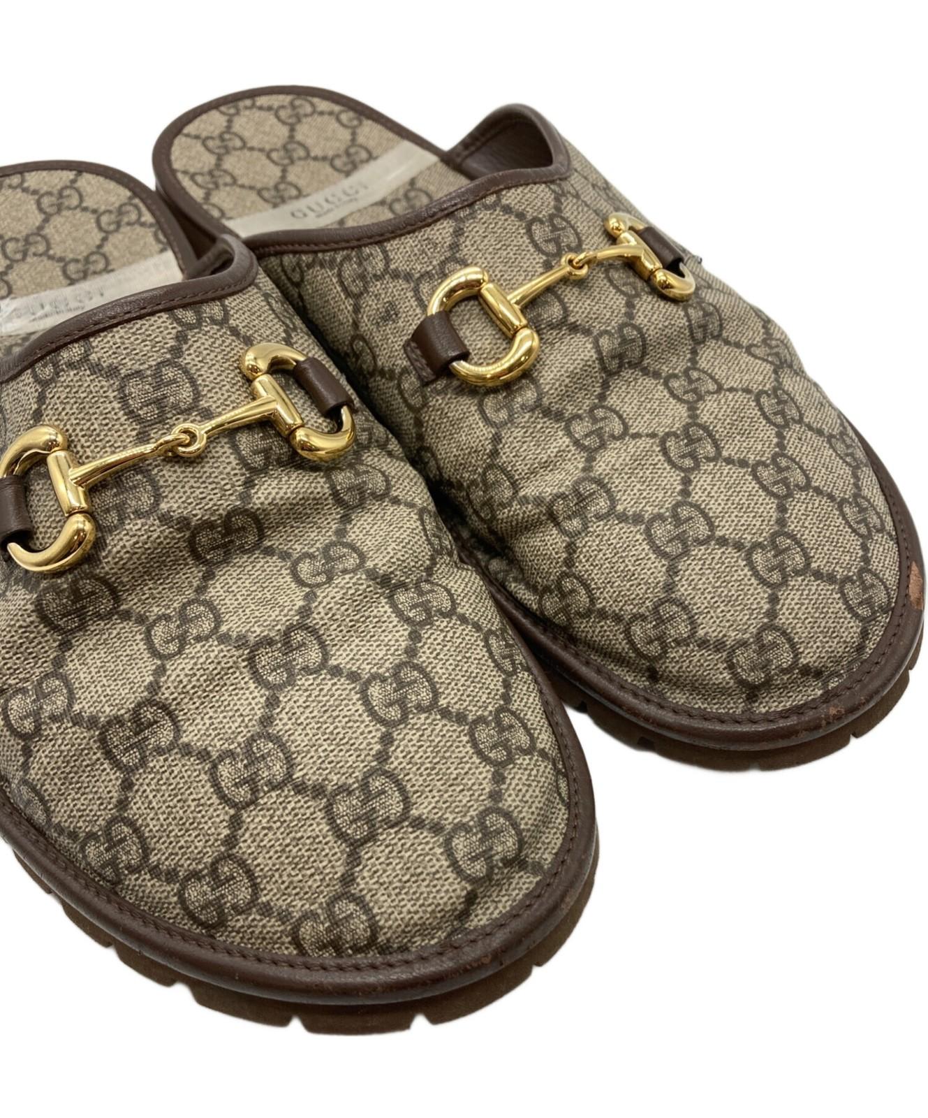 Gucci Slide Sandals Shoes GG Horsebit EU 44 US 10.5 Canvas Beige Authentic