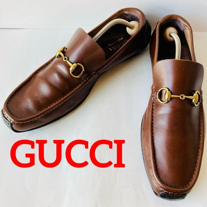GUCCI Loafers Shoes Horsebit EU 41 US 7.5 Leather Dark Brown Authentic